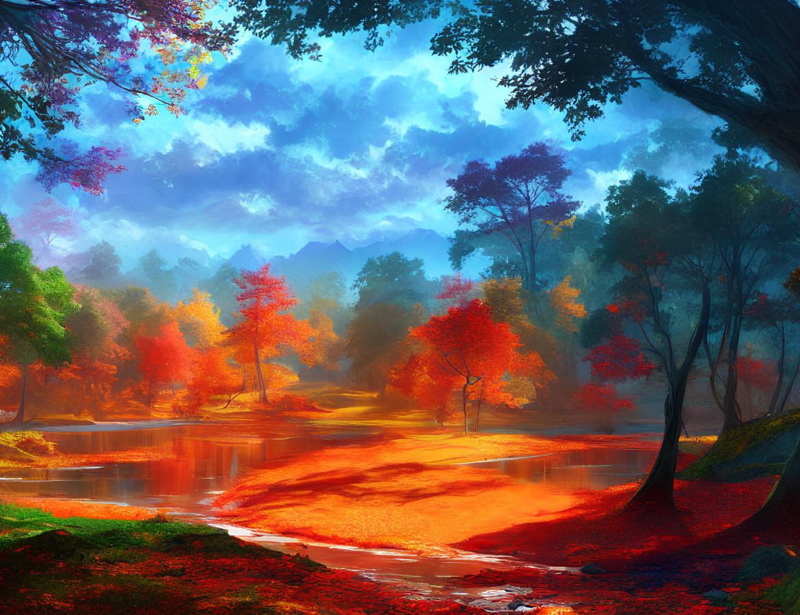 Colorful autumn forest reflecting in tranquil river under blue sky