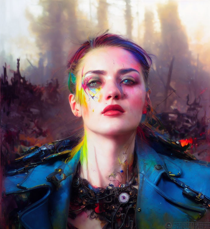 Colorful-haired woman with face paint in leather jacket against fiery background