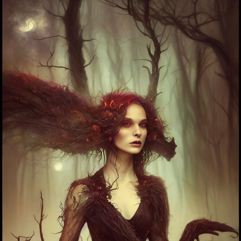 Mystical woman with red hair in foggy forest under crescent moon