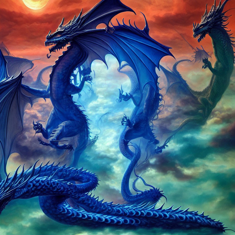 Three Blue Dragons in Dramatic Sky with Towering Wings