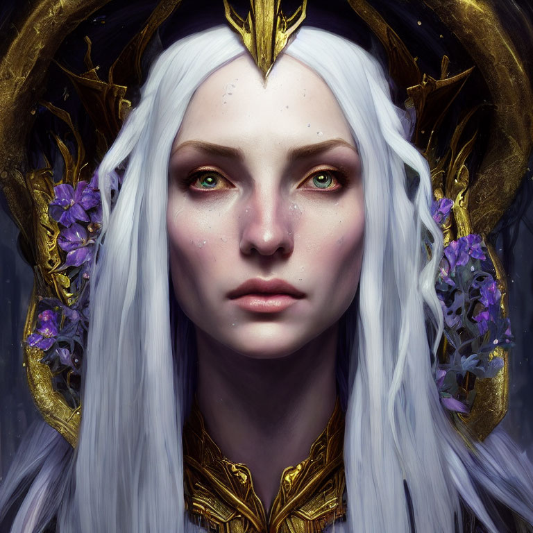 Portrait of woman with pale skin, green eyes, white hair, golden crown, purple flowers on dark