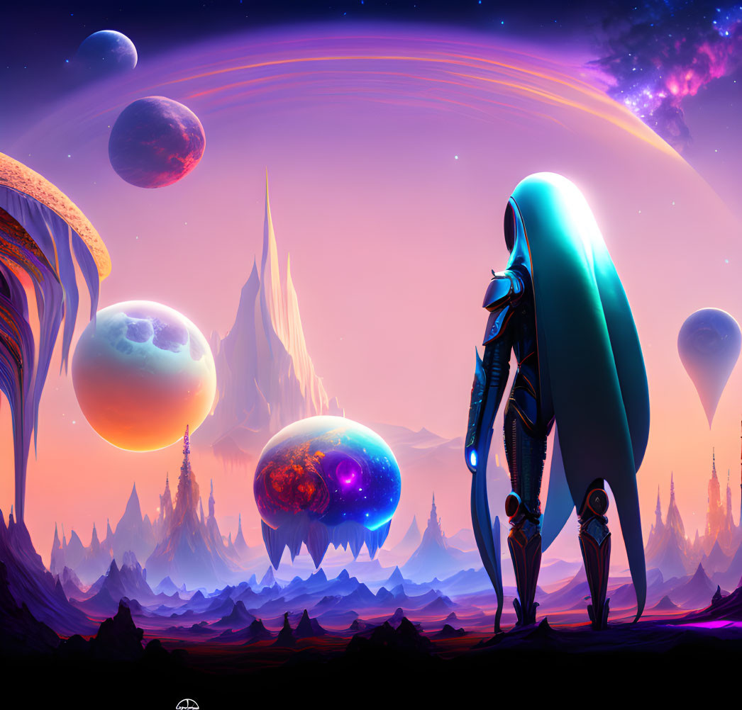 Vibrant alien landscape with futuristic figure and towering spires