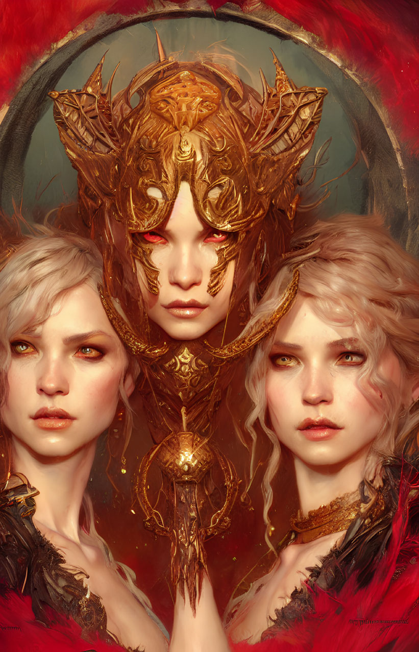 Three fantasy characters in ornate golden headgear with intricate designs, enveloped in a warm, red