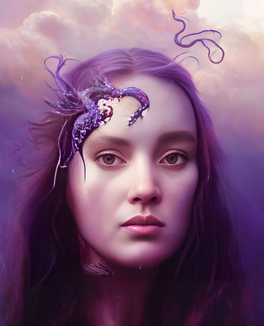 Digital portrait of a woman with purple hues and fantasy headpiece against cloudy backdrop