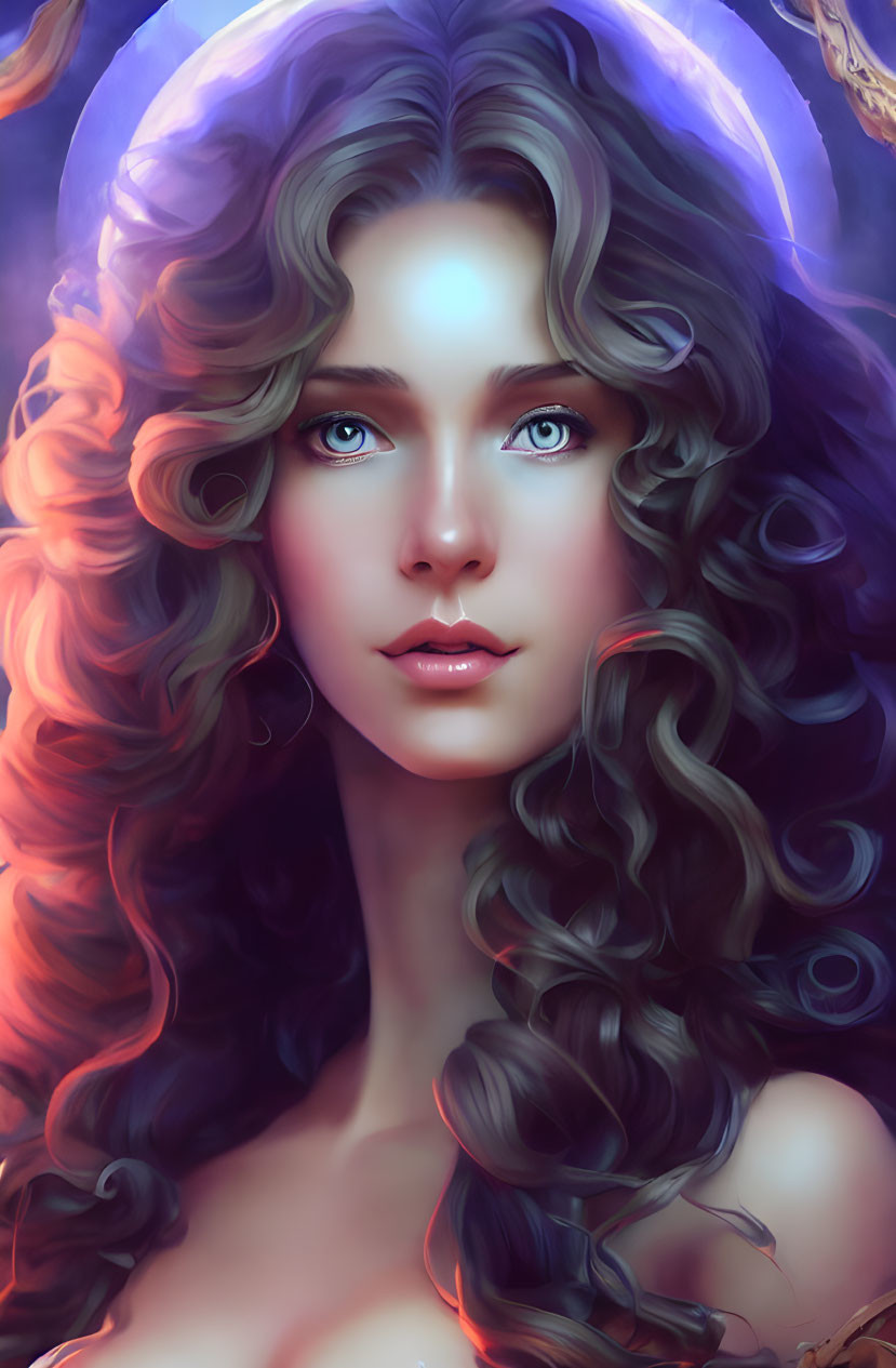 Digital artwork featuring woman with voluminous curly hair and glowing mark on forehead on purple backdrop