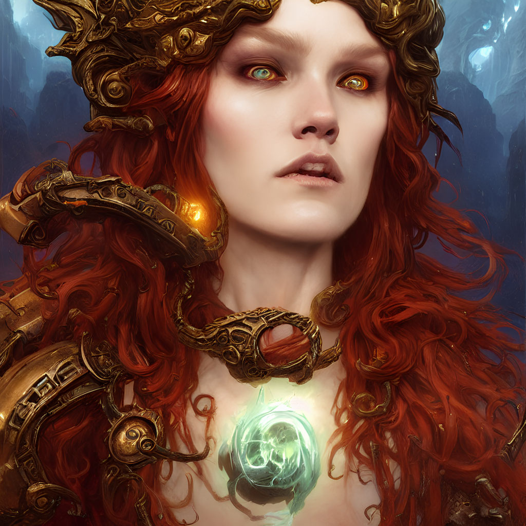 Fantasy portrait of a woman with glowing green eyes and ornate golden headpiece