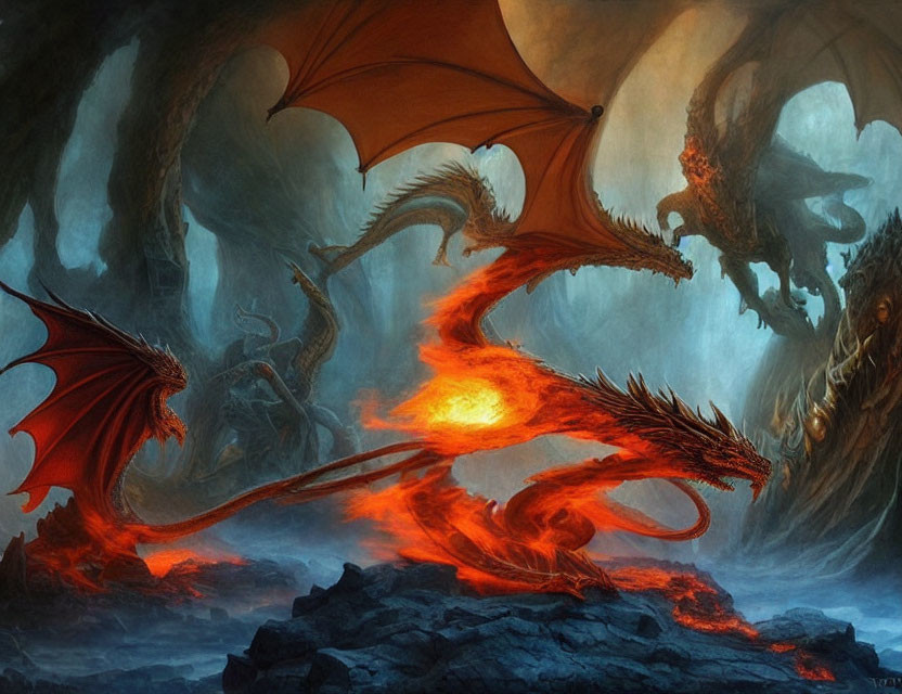 Fiery dragon battle in volcanic landscape