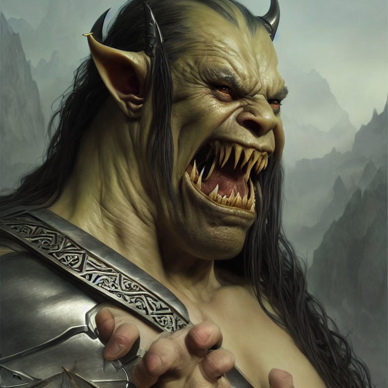 Fantasy orc character with fangs, pointed ears, and red eyes in detailed armor.