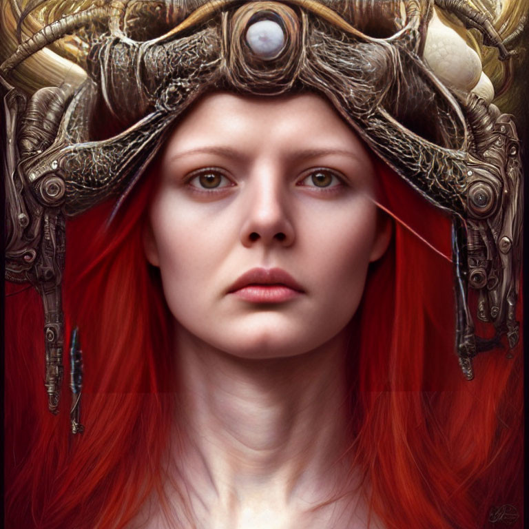 Fair-skinned person with red hair in detailed metallic helmet.