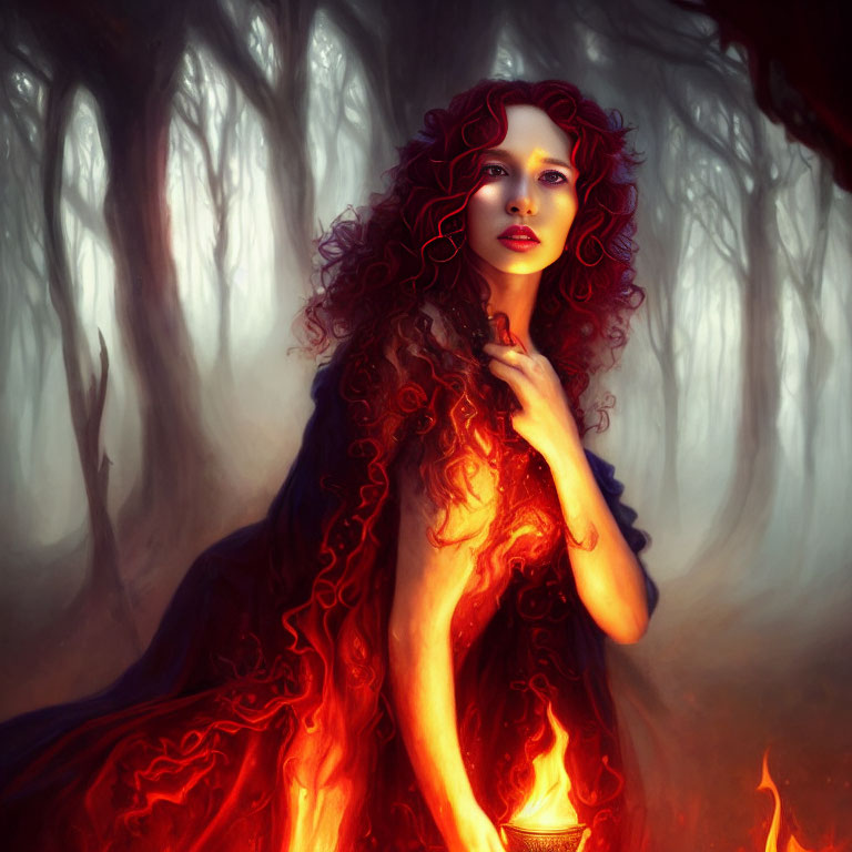 Woman with Red Hair and Fiery Dress in Mystical Forest