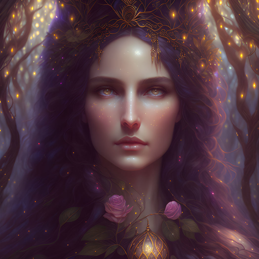 Mystical woman with long curly hair and golden crown amidst glowing orbs and pink blossoms