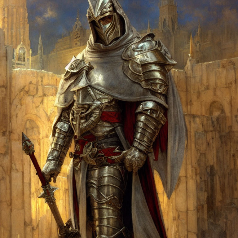 Knight in full plate armor with red cape and spear in front of castle.