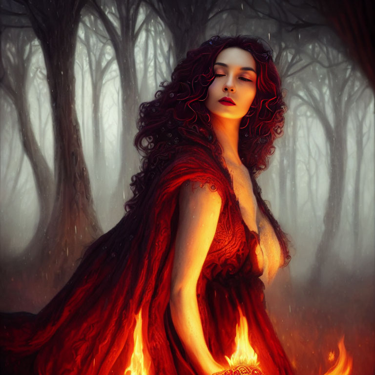 Red-haired woman in fiery dress in mystical forest.