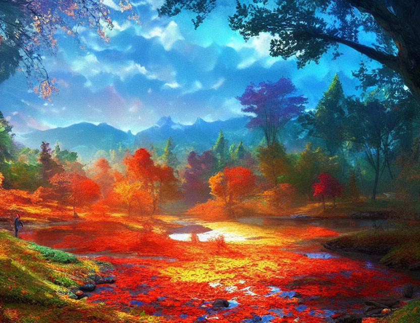 Colorful Fantasy Landscape with River, Foliage, and Mountains