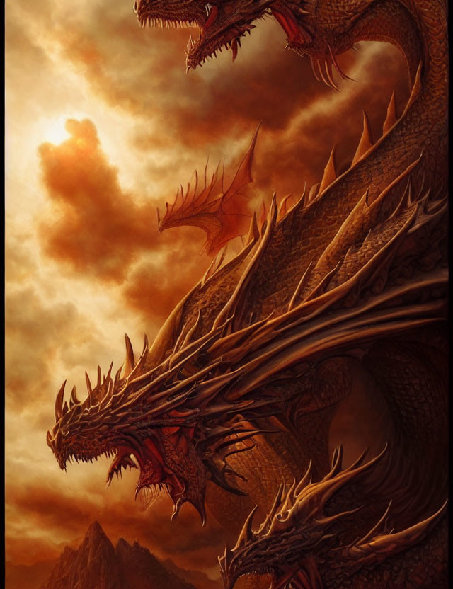 Multi-headed dragon with sharp horns against fiery sky