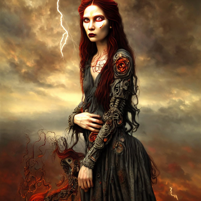 Gothic fantasy art: woman with red eyes, ornate arms, under stormy sky.