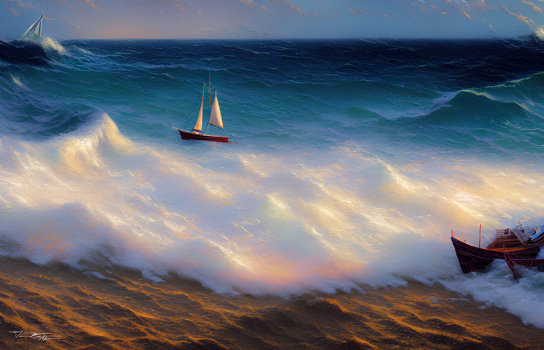 Turbulent sea painting: sailboats, shipwreck, sunset/sunrise