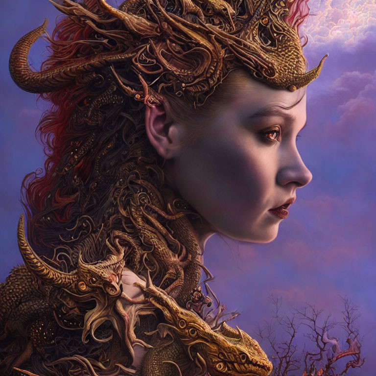 Fantasy portrait of a person with golden dragon headpiece and armor against twilight sky.