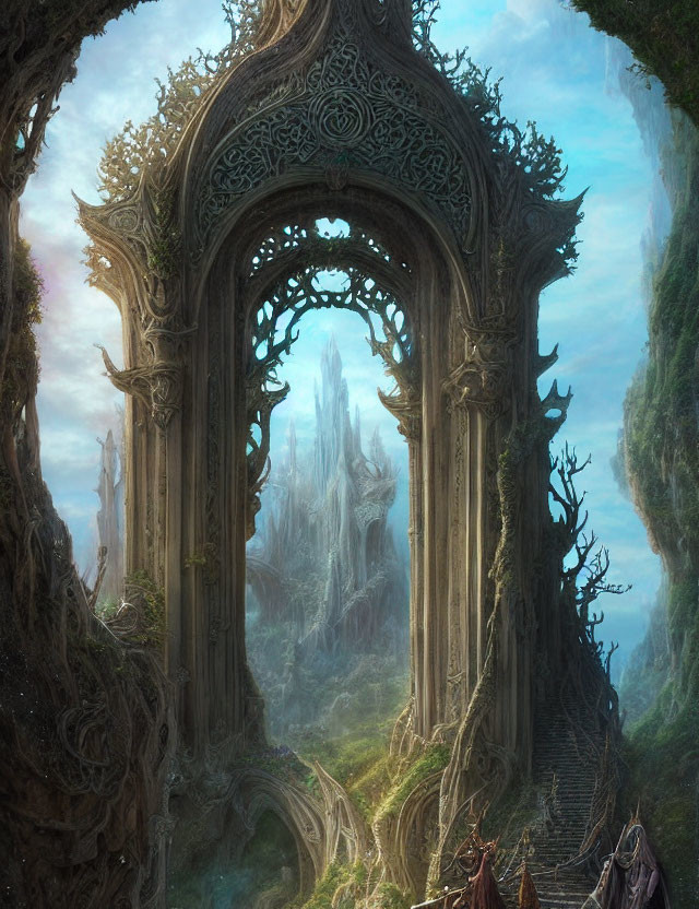 Stone archway in mystical forest overlooking ancient tree-covered city