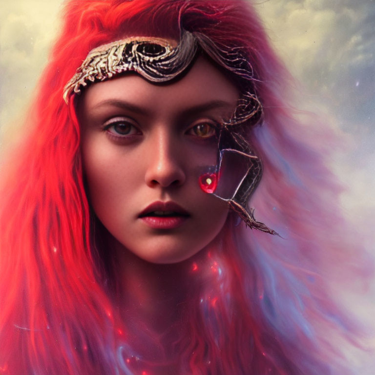 Vibrant red-haired woman with mystical eye-piece and crystal detail.