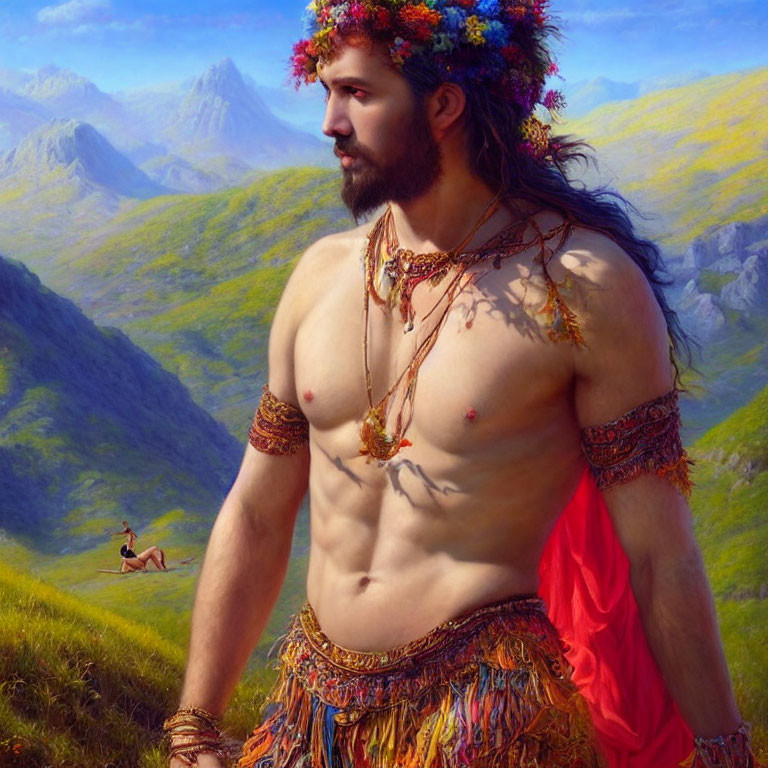 Mythological male figure with floral crown in mountain landscape