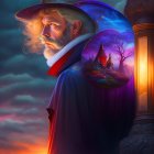 Man in decorated hat and coat gazes at crystal ball by ornate lamp post at sunset