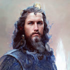 Man with Long Wavy Hair in Blue Medieval Armor