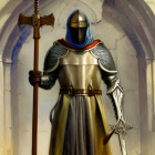 Medieval knight in ornate armor with halberd and blue hood.