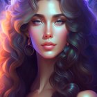 Portrait of woman with wavy hair and blue eyes in neon lights and halo.