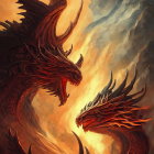 Three roaring dragons clash in fiery scene with swirling smoke.