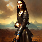 Gothic fantasy art: woman with red eyes, ornate arms, under stormy sky.