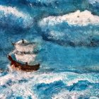 Majestic sailing ship in tumultuous sea under stormy sky