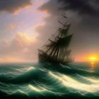 Ship battling tumultuous sea under dramatic sky with sunlight streaming through clouds.