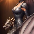 Detailed Armor Warrior Woman with Dragon in Amber Sky