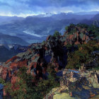 Dramatic mountain landscape at dusk with lightning bolts