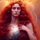 Radiant red-haired woman with decorative emblem in mystical setting