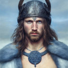 Viking warrior painting with stern expression and decorated helmet