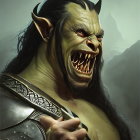 Fantasy orc character with fangs, pointed ears, and red eyes in detailed armor.