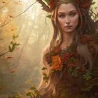 Mystical elf woman in golden-lit forest with autumn leaves