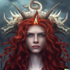 Voluminous red hair woman with dragon on stormy sky background