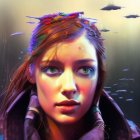 Vibrant digital painting of woman with colorful splashes on forehead against abstract ship-themed background