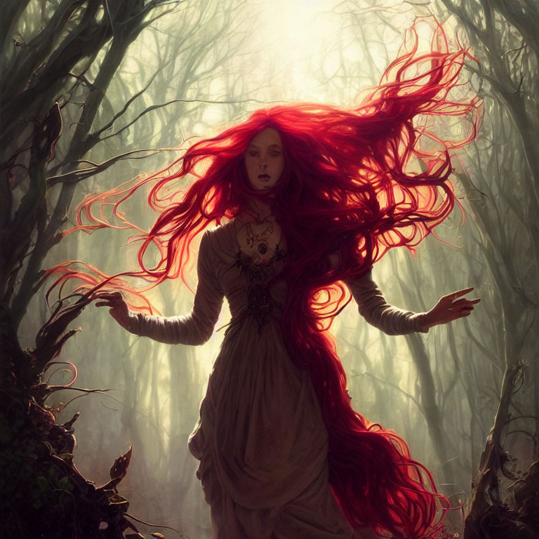 Woman with Red Hair in Ethereal Dress Surrounded by Misty Trees