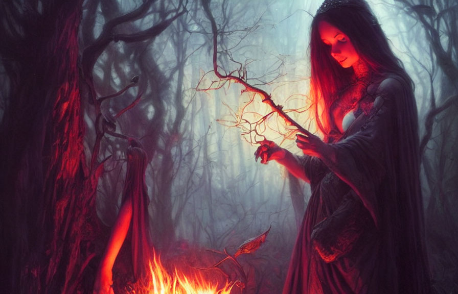 Mystical woman in forest casting magic with glowing wand