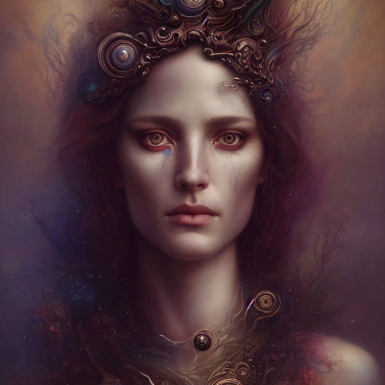 Digital painting of mystical crowned woman with intricate details & ethereal background