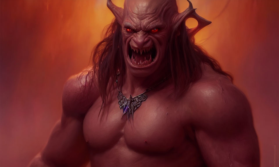 Muscular fantasy creature with horns and glowing eyes in fiery background