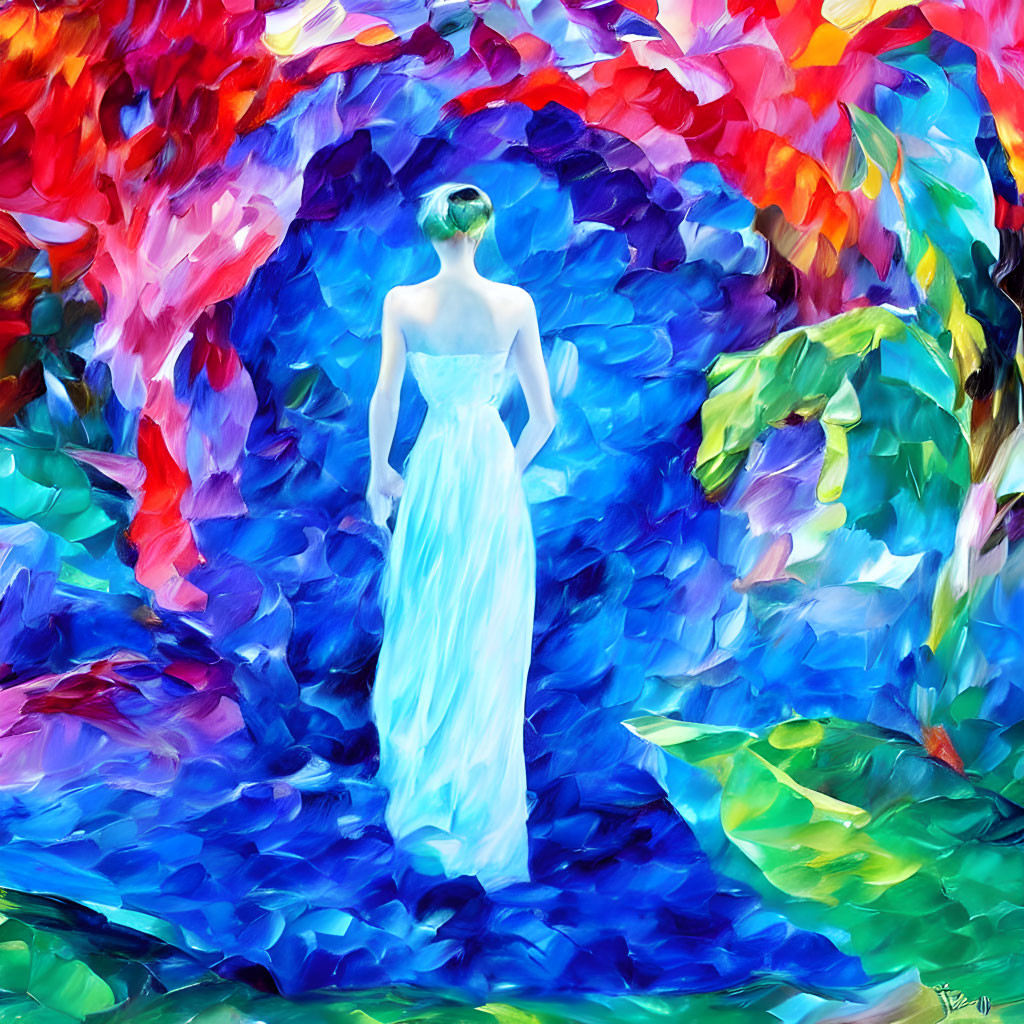 Colorful abstract painting of woman in blue dress among red, blue, and green floral brushstrokes