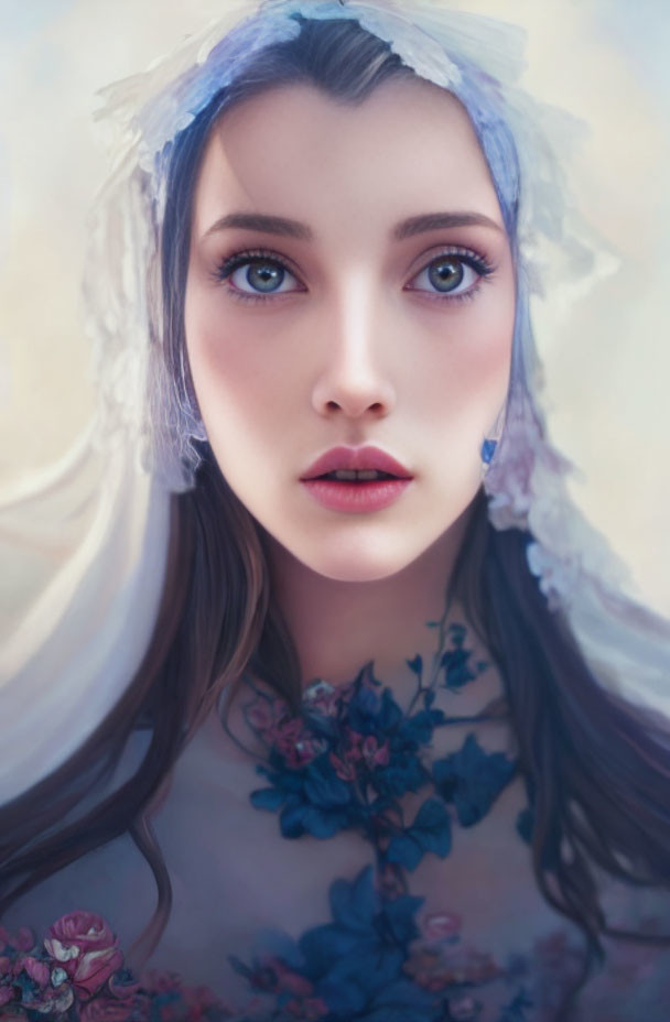 Digital portrait of a woman with blue eyes and floral embroidery in soft, dreamy lighting