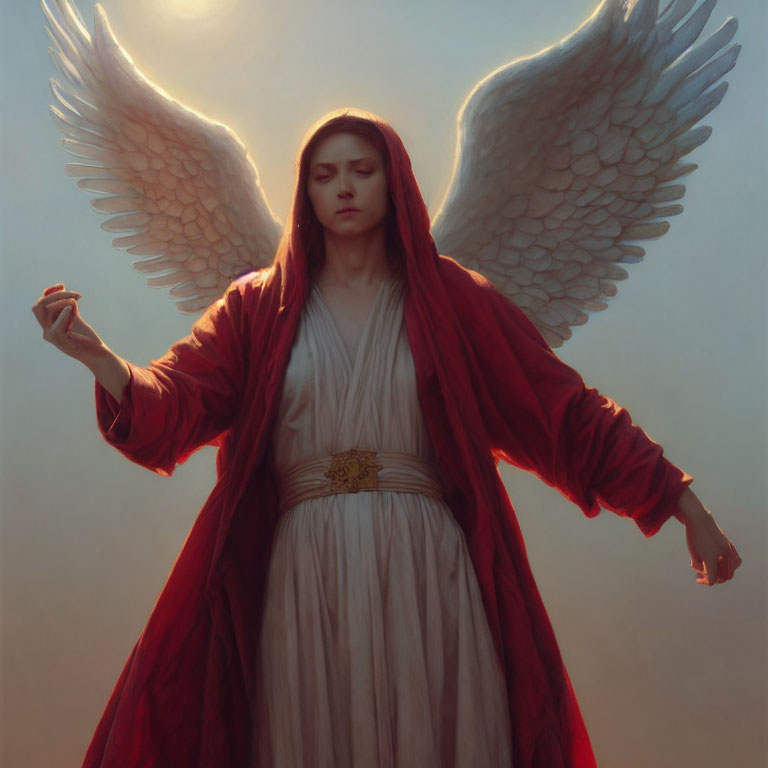 Angelic figure with white wings, red cloak, and cream garment gazes solemnly