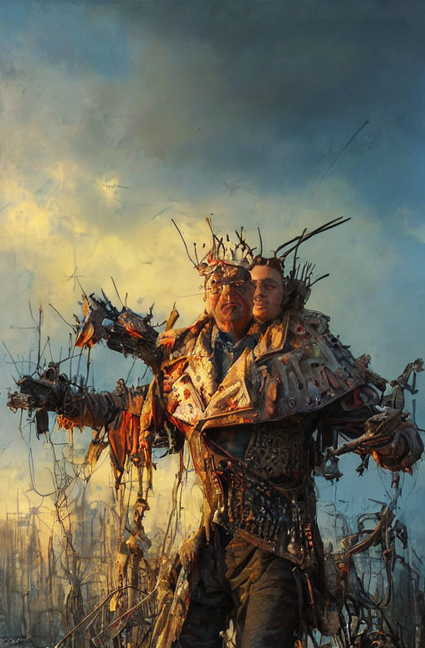 Two individuals in tribal attire with feathers and bones against dramatic sky.