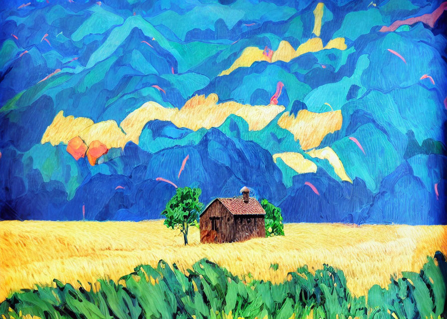 Vibrant impressionistic painting of rustic cabin in yellow field